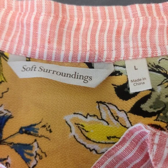 Soft Surroundings Island Linen Button Down Roll-Tab Sleeve Tunic Top L Floral - Picture 6 of 7